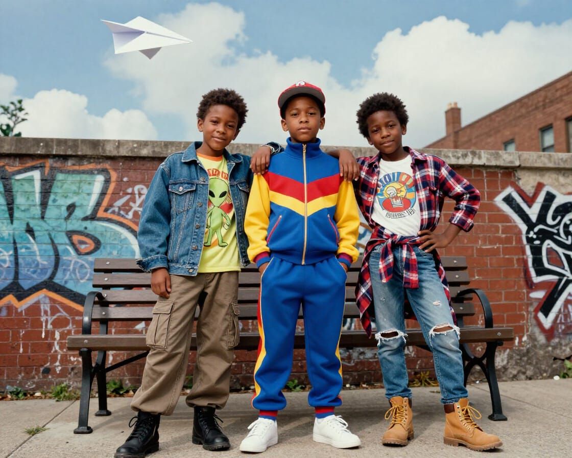 Three Black Children in 80s Fashion Pose in Urban Setting
