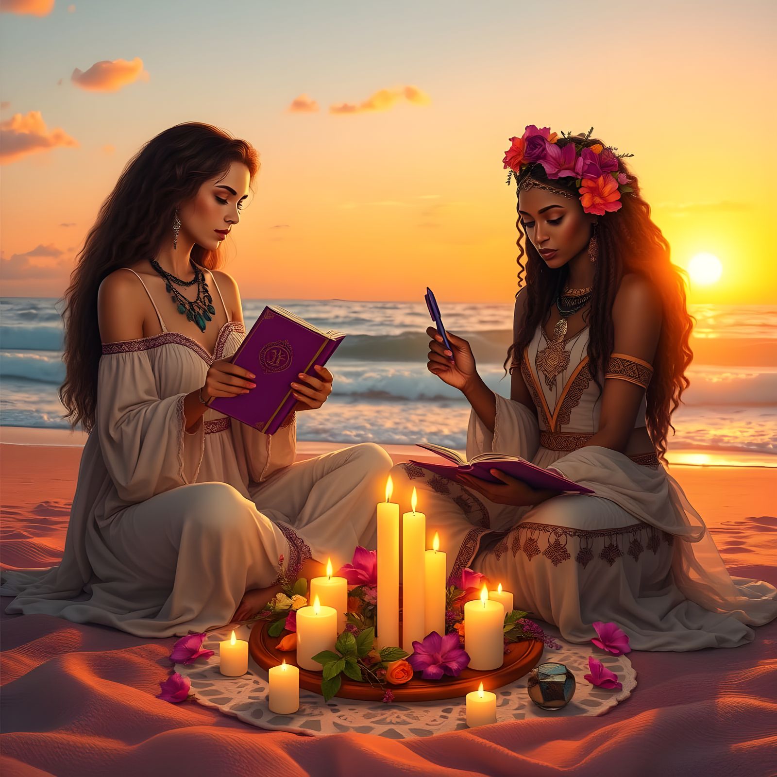 Witches Writing Spells on Beach at Sunset