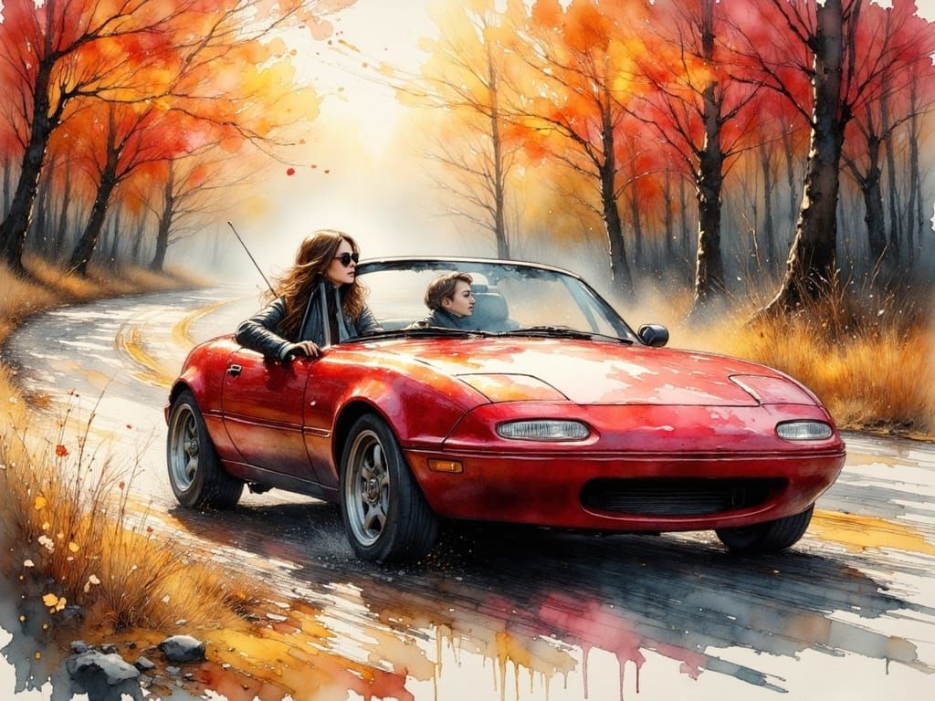 Woman Drives Red Miata in Misty Forest, Ink Art