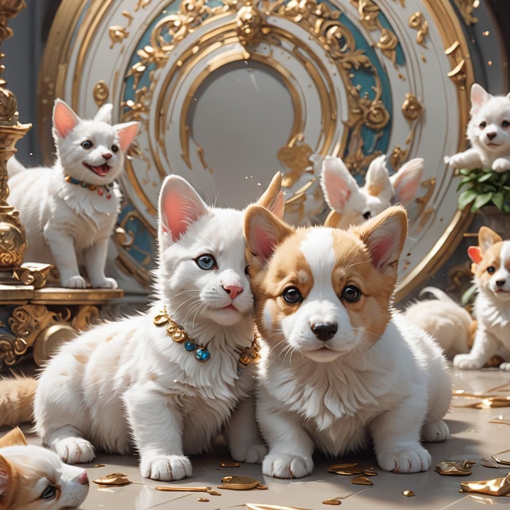 Kitten and Puppy Play: Hyperdetailed Portrait