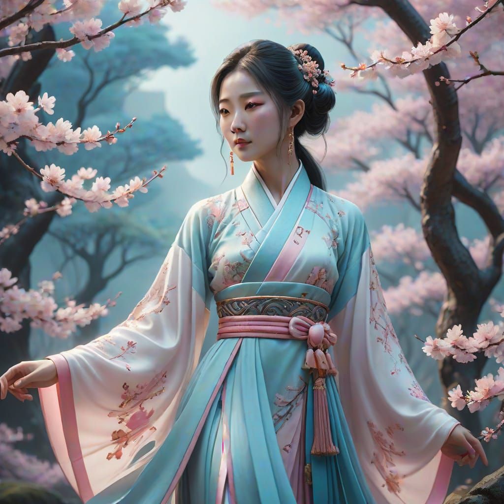 Ethereal Goddess Among Cherry Blossoms in Ancient Fantasy La...