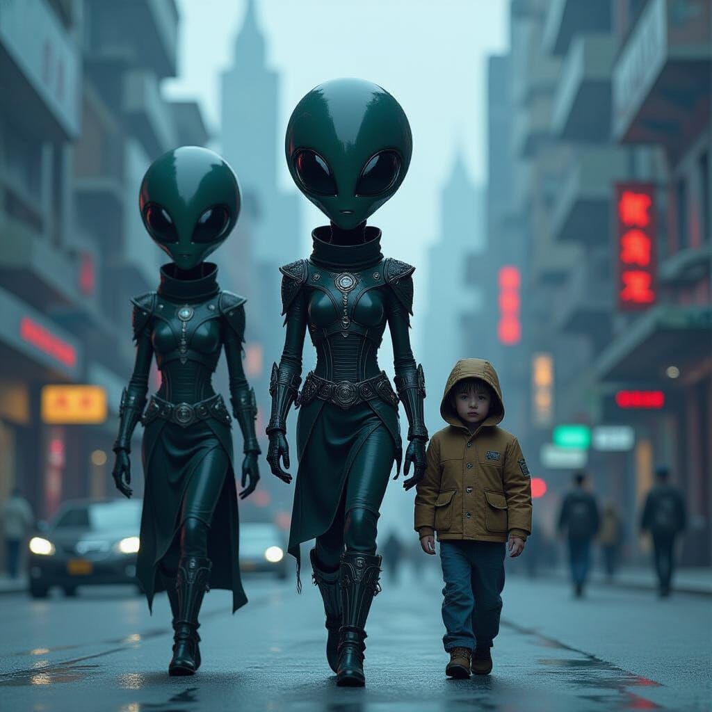 Futuristic Aliens Walking Human in Dystopian Cityscape