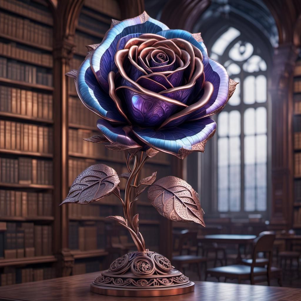 Glass and Metal Rose Sculpture in Library