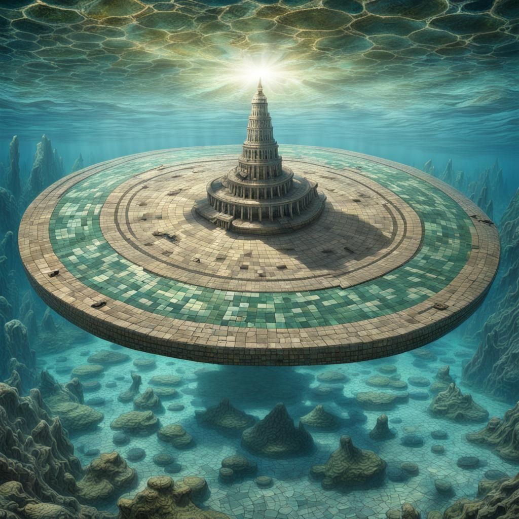 Underwater Atlantis Mosaic Featuring Alien UFO