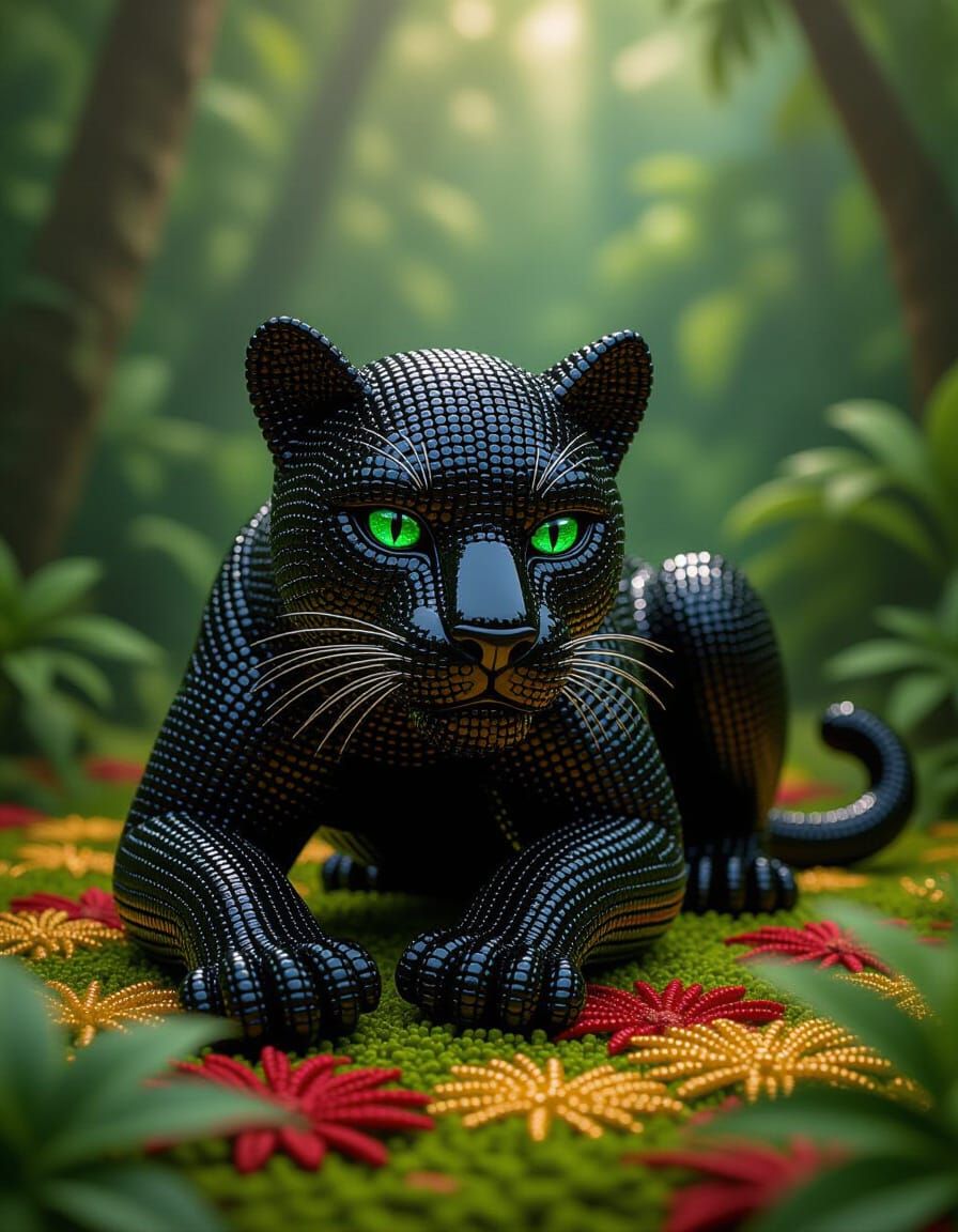 Beaded Panther Sculpture on Rainforest Floor