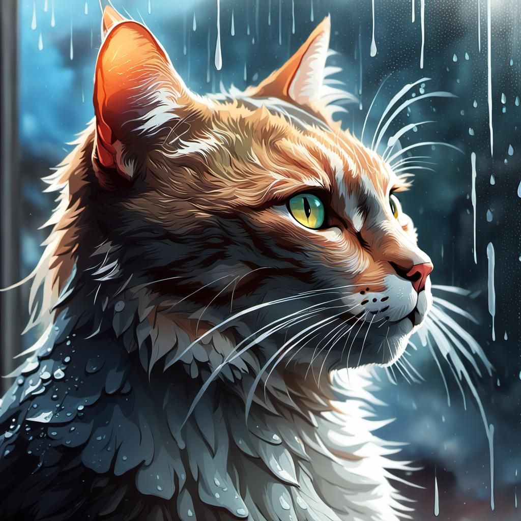 Sad Cat Portrait in Rain, Detailed Digital Art