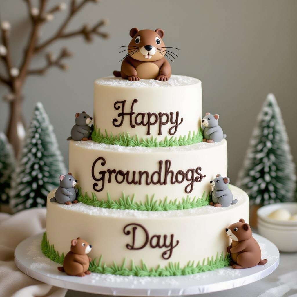 Happy Groundhog Day Snowy Cake with Whimsical Groundhogs