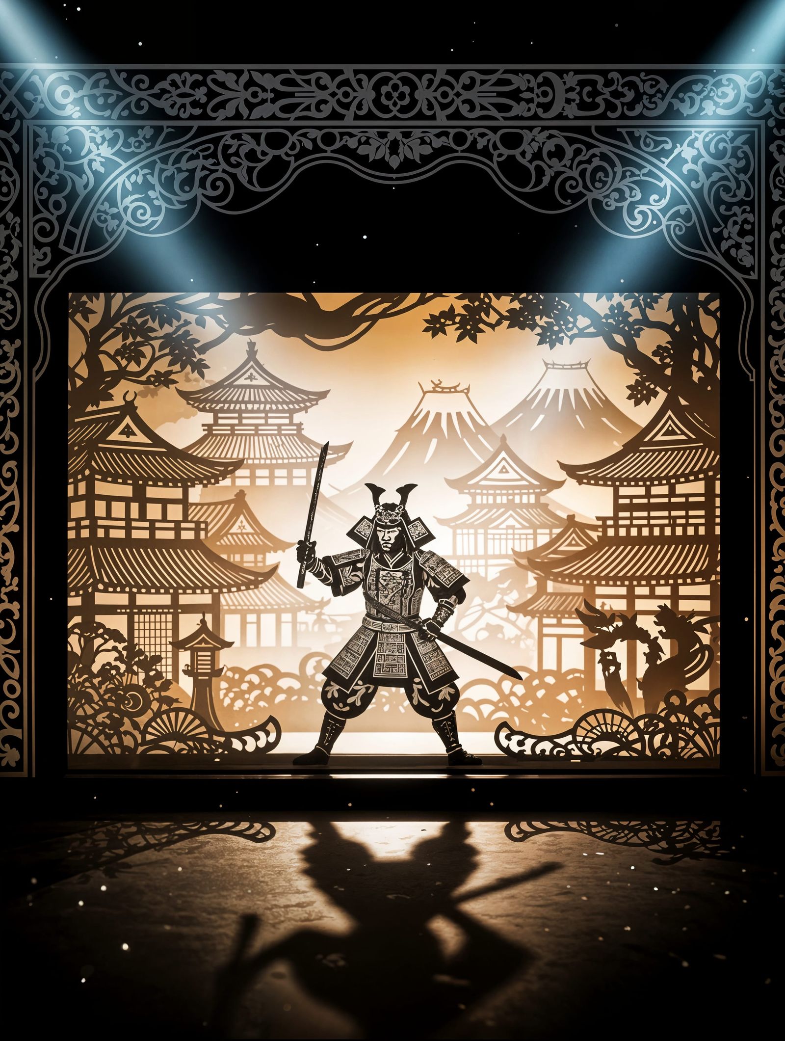 Vibrant Asian Shadow Puppet Theatre with Samurai