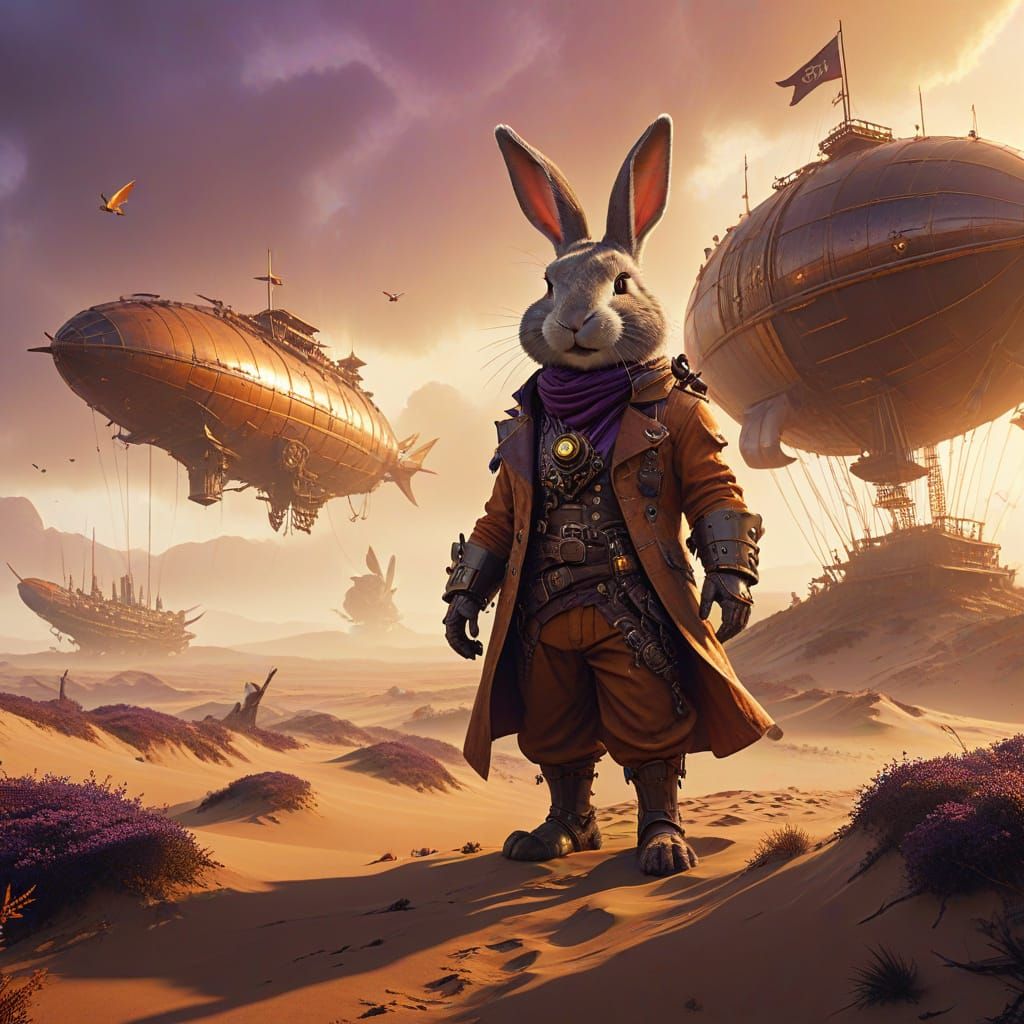 Bunny Gazing at Steampunk Airships on Windswept Dune