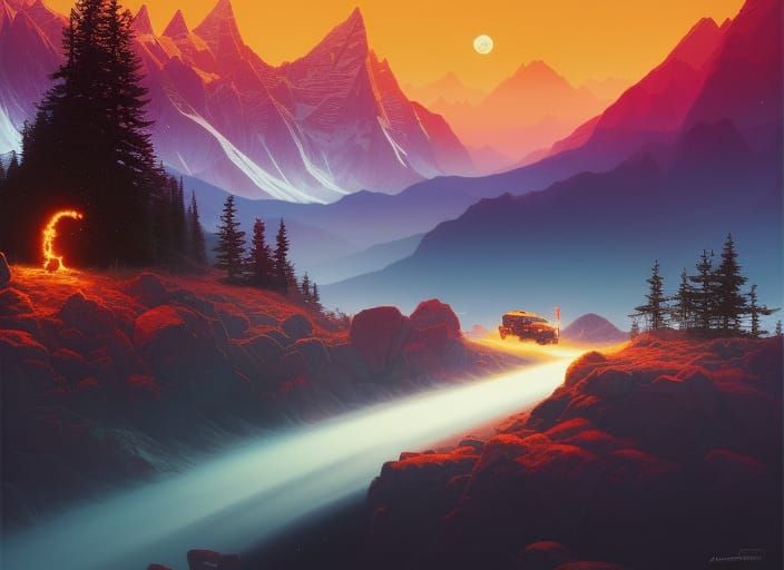 Alps Fireball with Floating Cat, Digital Illustration