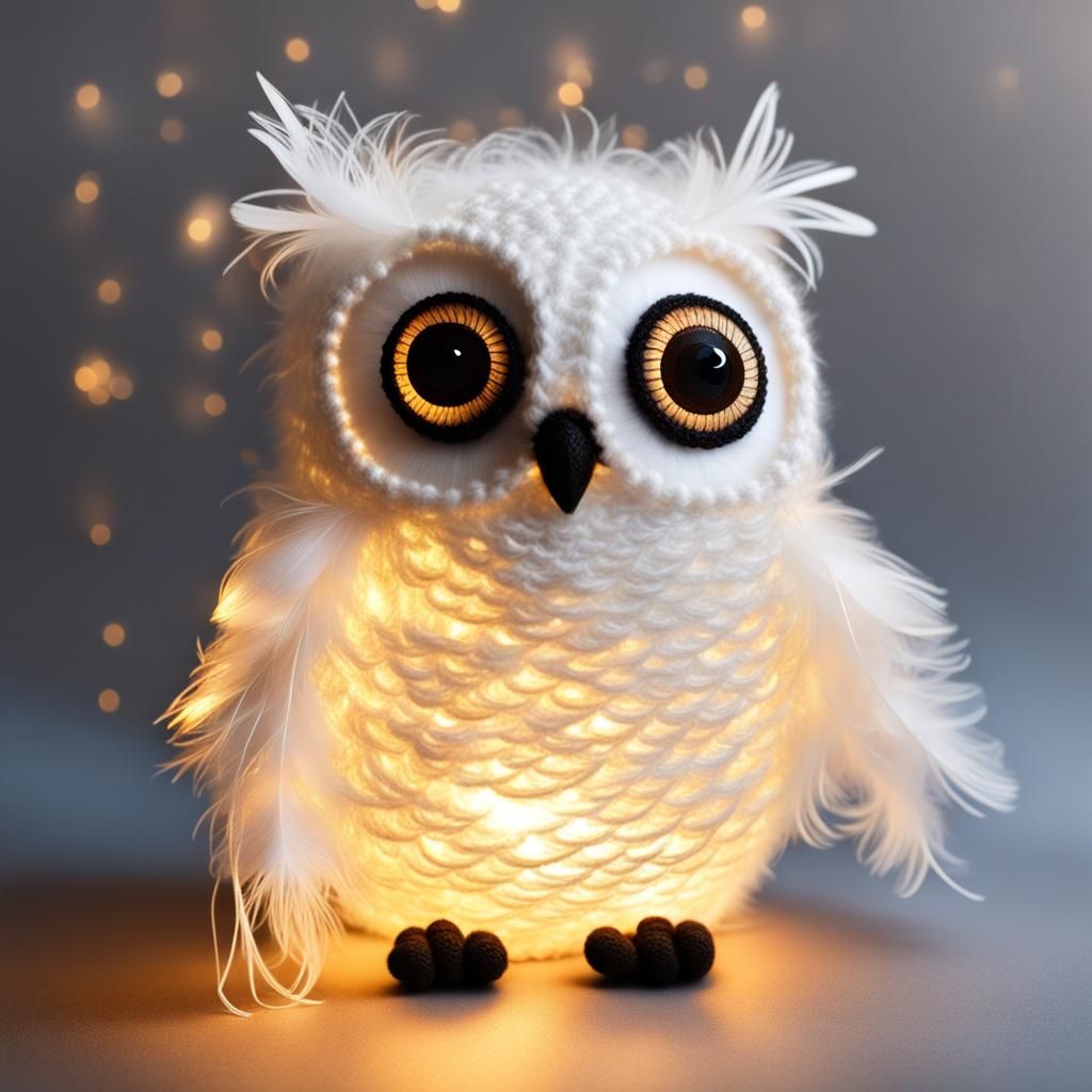sparkling light, feathers, fluffy a small big eyed fluffy puffy owl made completely out of yarn with a glowing light