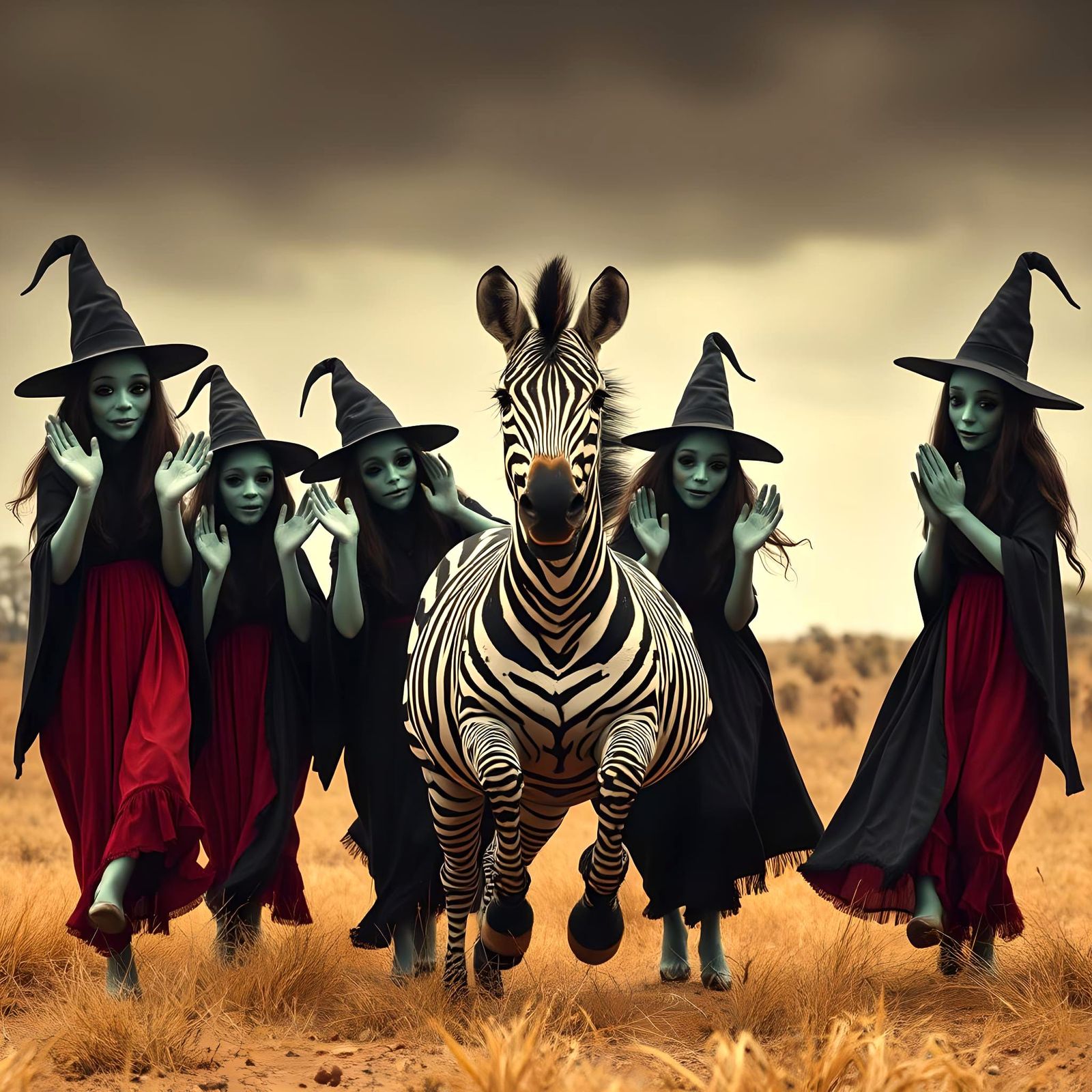 Witches and Zebra in Vintage Photograph