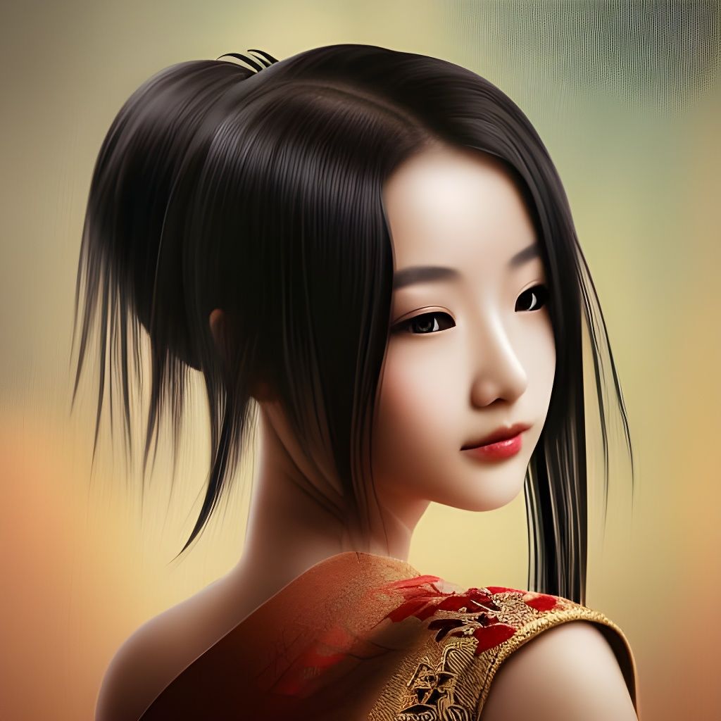 Beautiful Oriental Young lady, head and shoulders,, beautiful black up do hair, brush stroked hair, beautiful realistic ...
