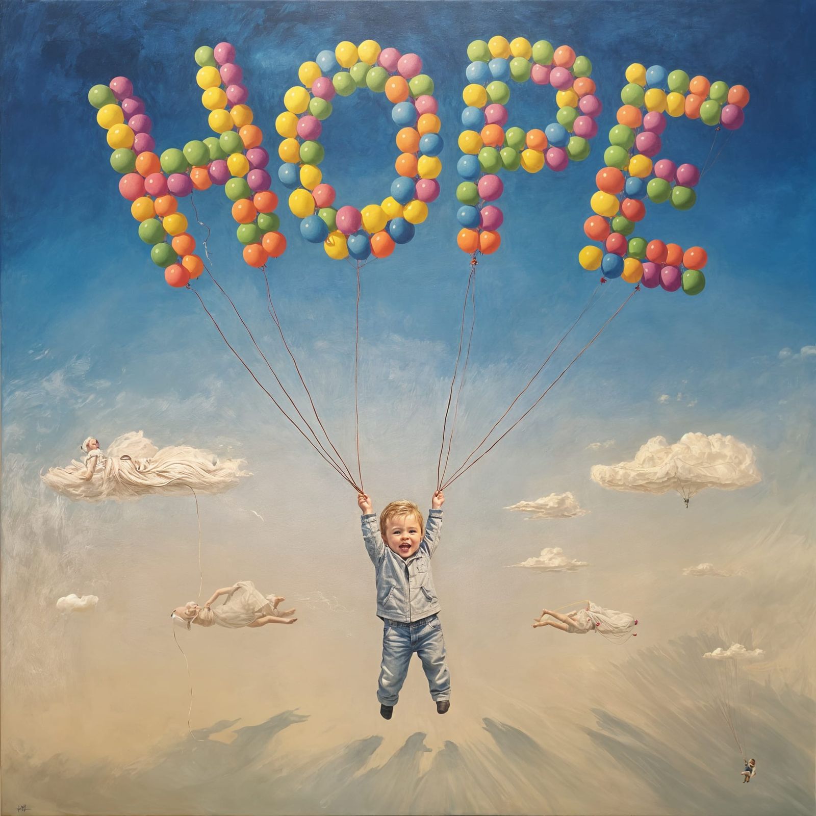 Toddler Ascending with Hope Balloons: Minimalist Oil Paintin...