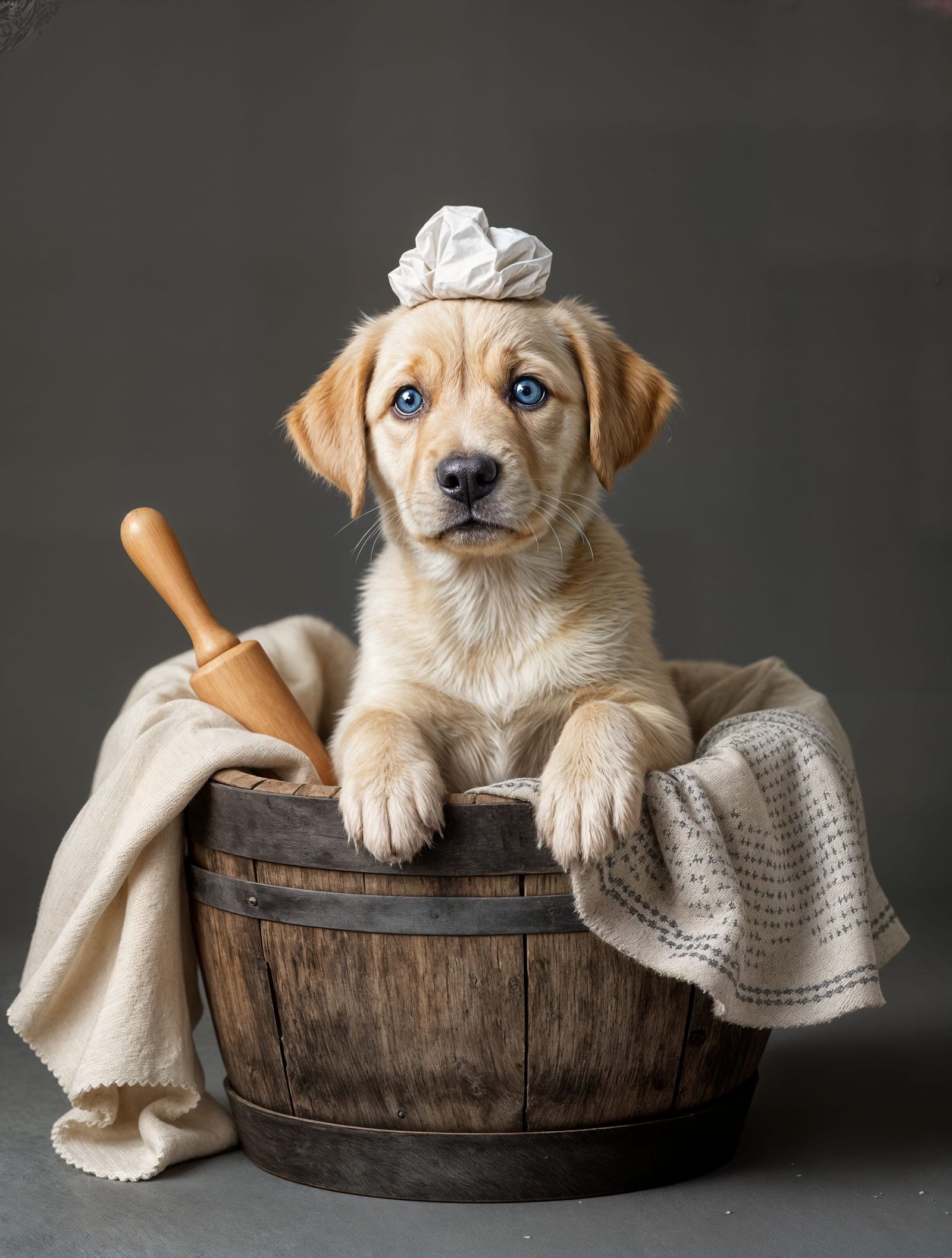 Hyperrealistic Labrador Puppy in Wooden Barrel
