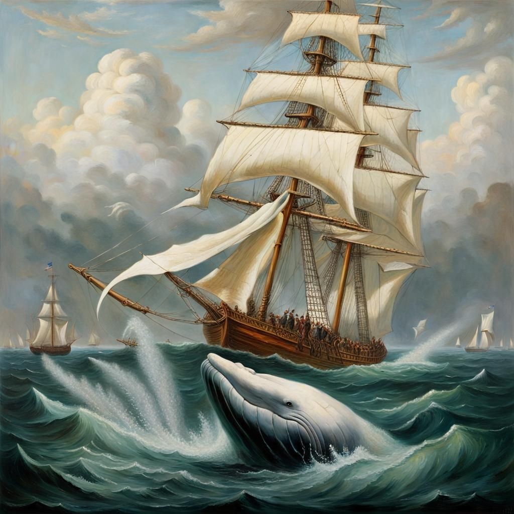 Albino Whale Hunt: Dramatic Oil Painting