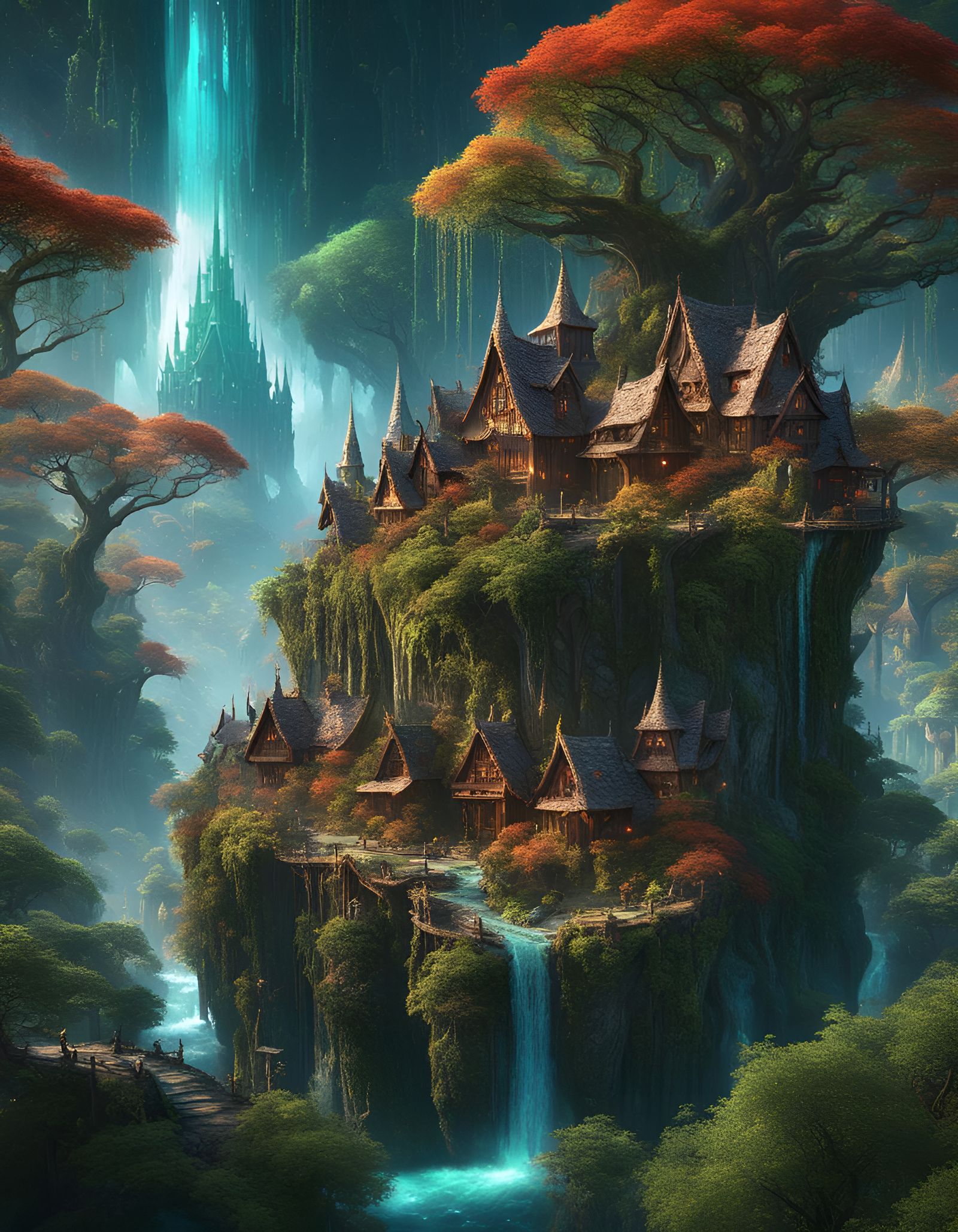Magical Elven Village Atop Mountain in High Fantasy Style