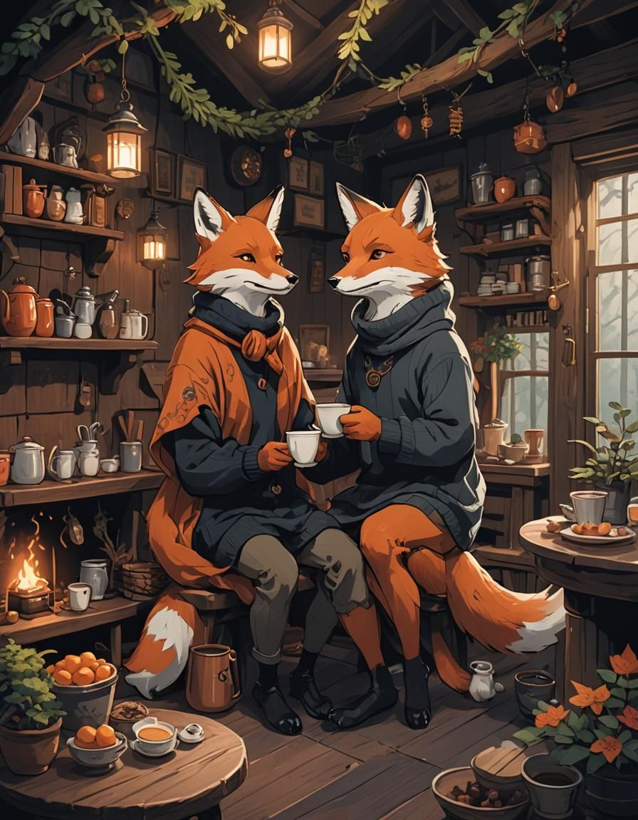 Humanoid Foxes Having Coffee, Ghibli Style