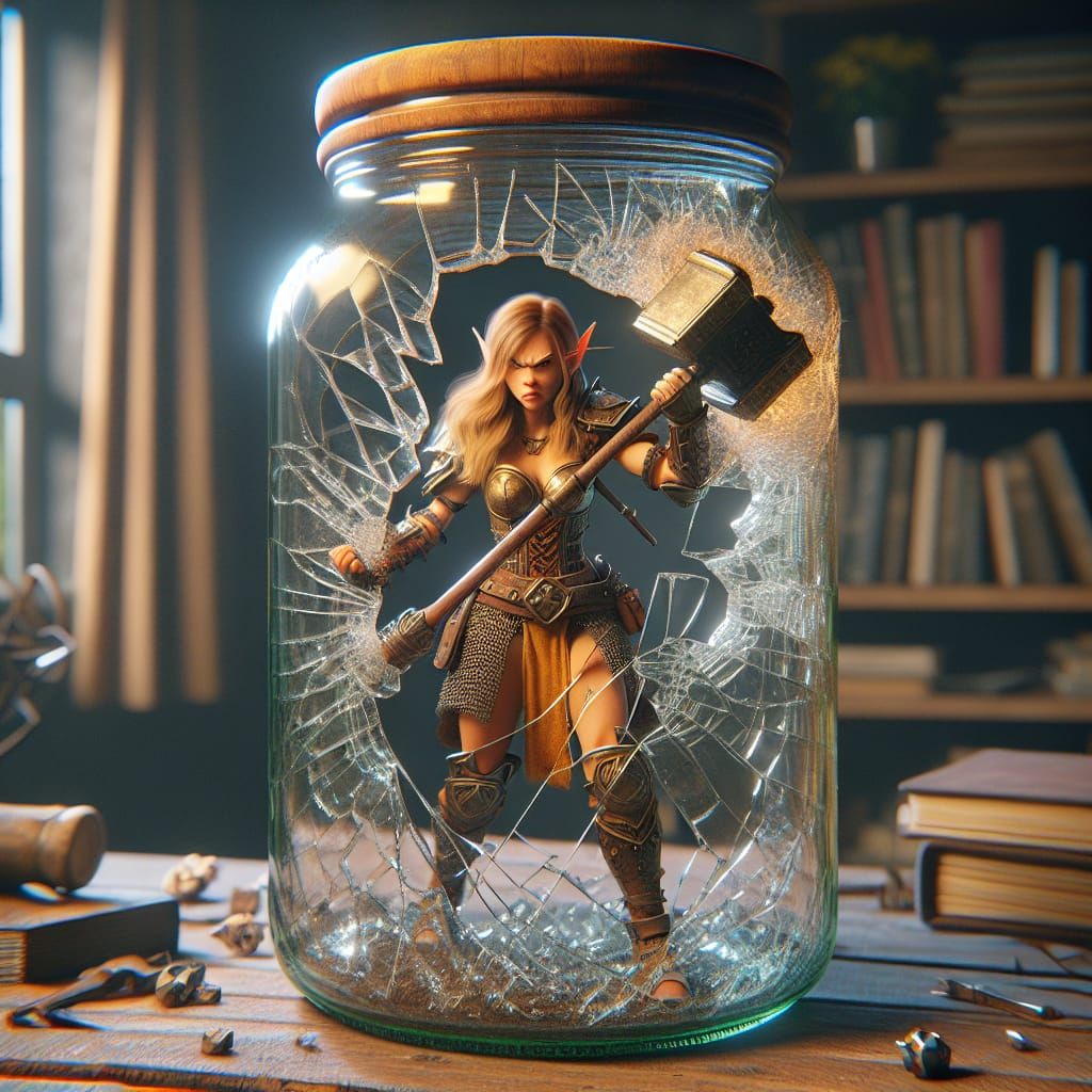 Elf Warrior Escapes Jar in Hyperrealistic Style