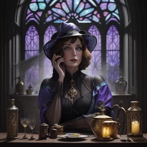 Whimsical Witch Mixing Colorful Dust, Art Nouveau