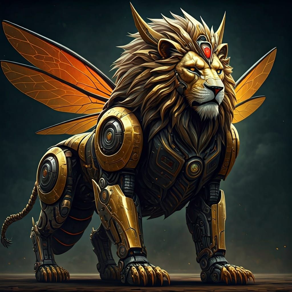 Cybernetic Lion-Hornet Fusion in Biomechanical Style