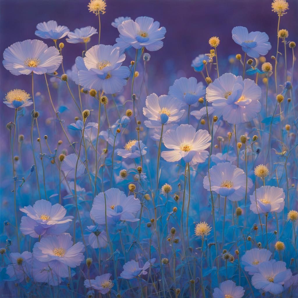 Translucent Blue Flowers in Purple Light, Art Nouveau Style
