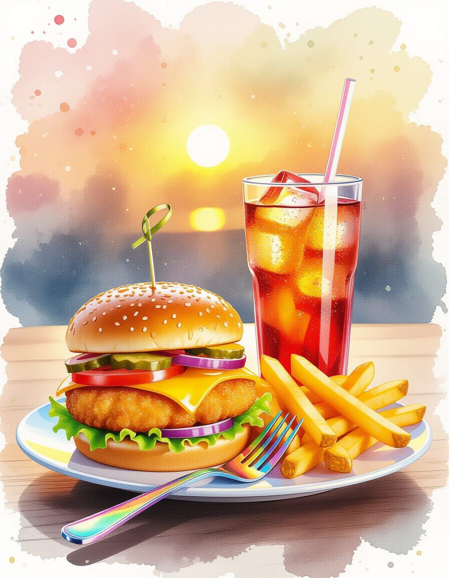 Crisp Fish Burger Meal with Rainbow Fork in Watercolor Style