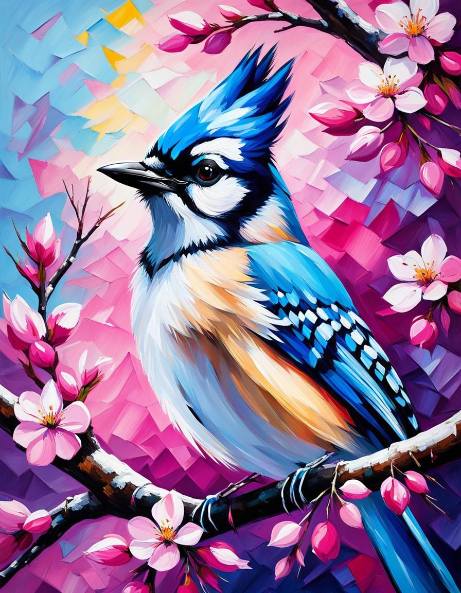 Blue Jay in Cherry Tree, Expressionist Oil Painting