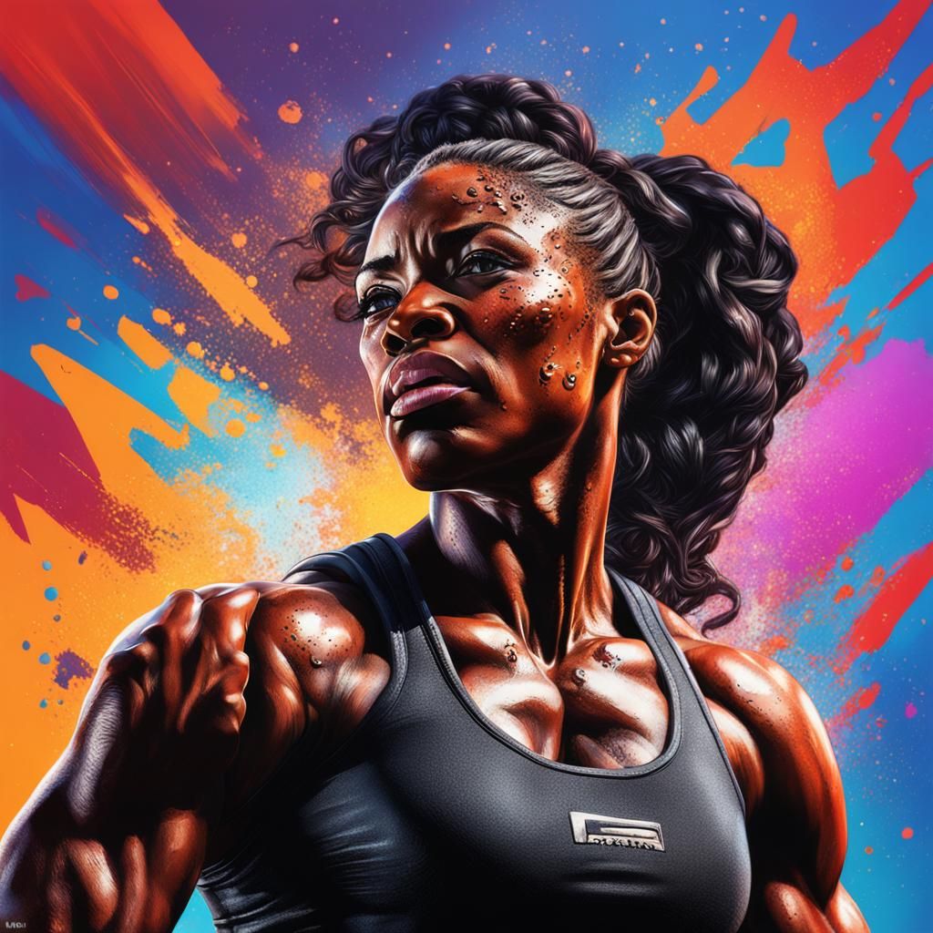 Hyperrealistic Black Female Bodybuilders Splash Art Portrait