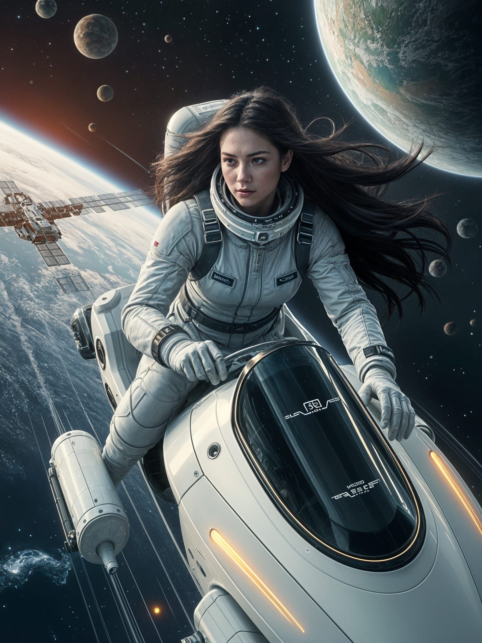 Goddess of Space in Futuristic White Space Suit