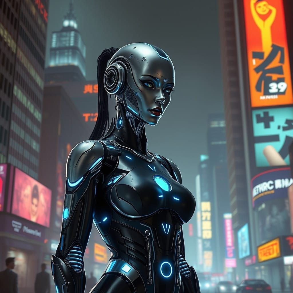 Futuristic Robot Woman in Cyberpunk Cityscape