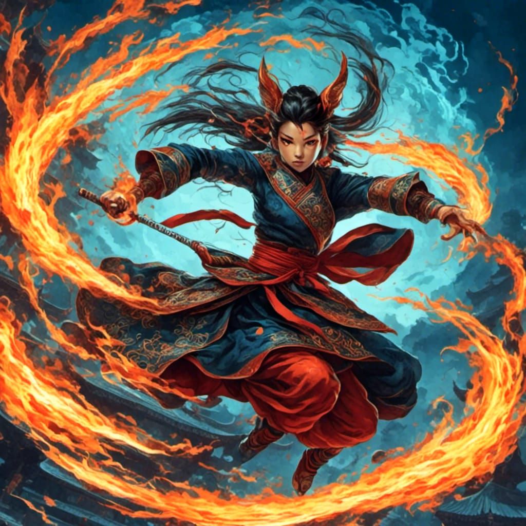 Tabaxi Monk's Fiery Karate Kick in Anime Style