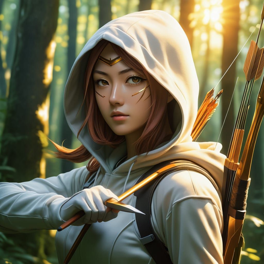 Artemis Practices Archery in Lush Forest, Anime Style