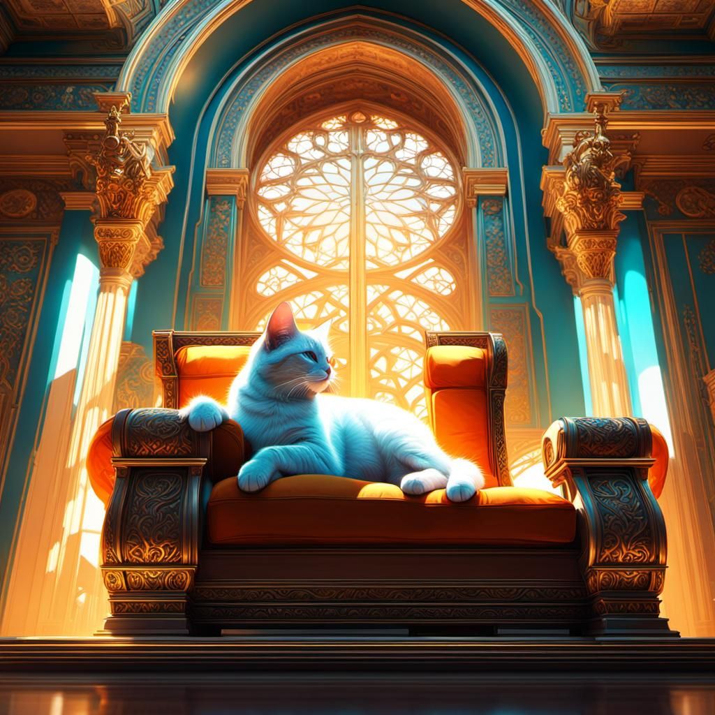 Cat on Throne in Palace with Dynamic Lighting