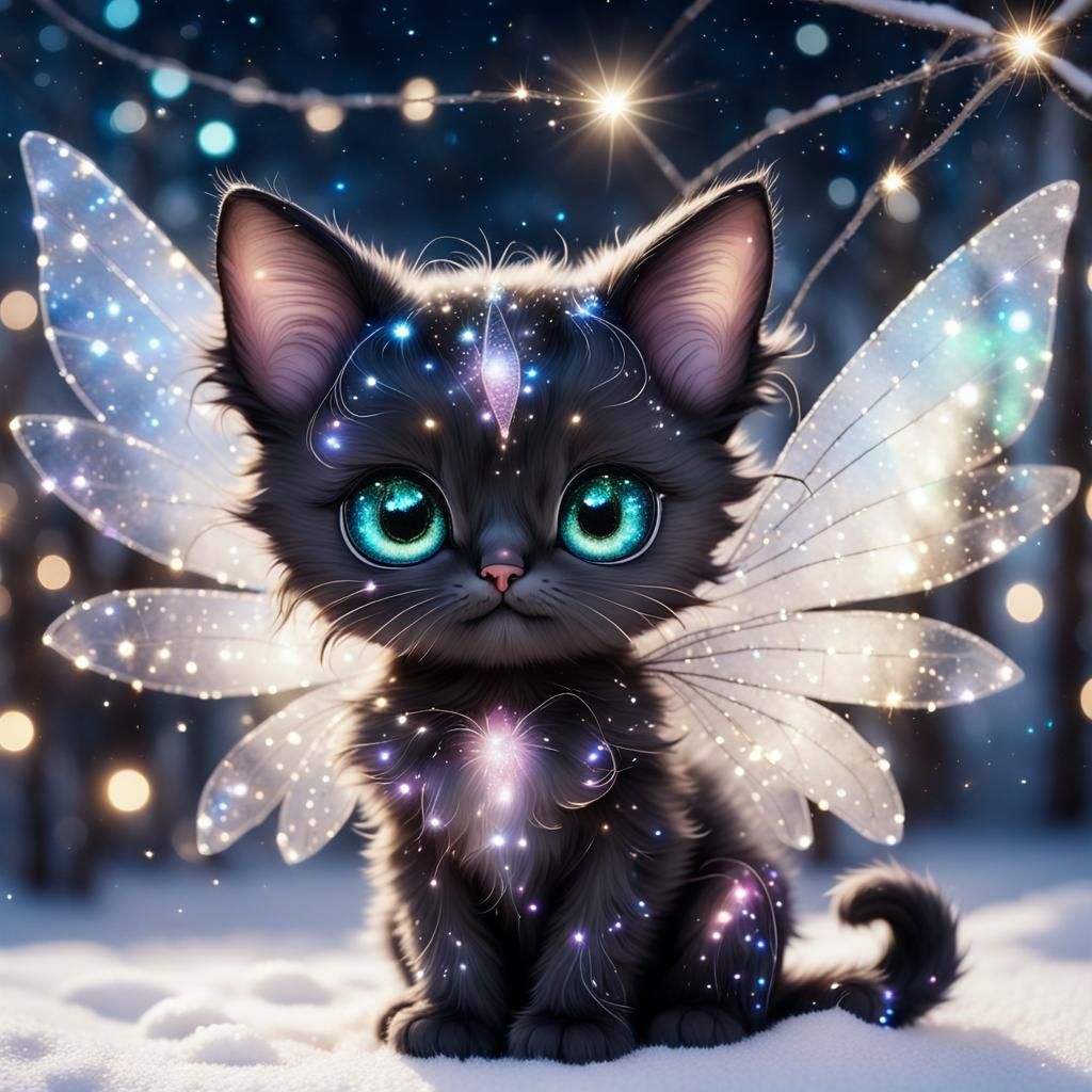 Black Fairy Cat with Iridescent Wings in Snow