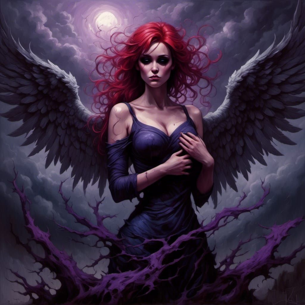 Angel Embracing Mortal in Stormy Landscape