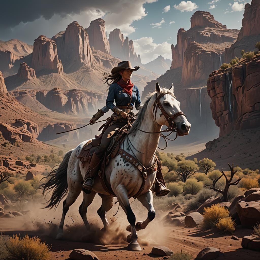 Cowgirl Riding Horse in the West, Detailed Matte Painting
