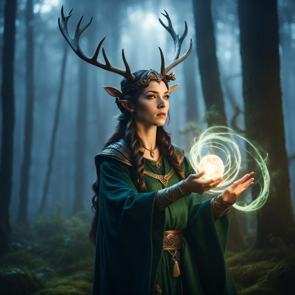 Elvish Druid Casting a Spell with Nature Magic