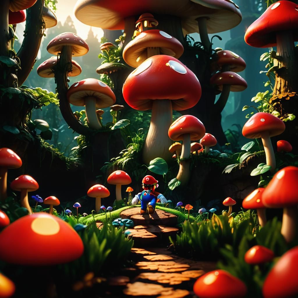 Heroic Mario in Vibrant Mushroom Kingdom