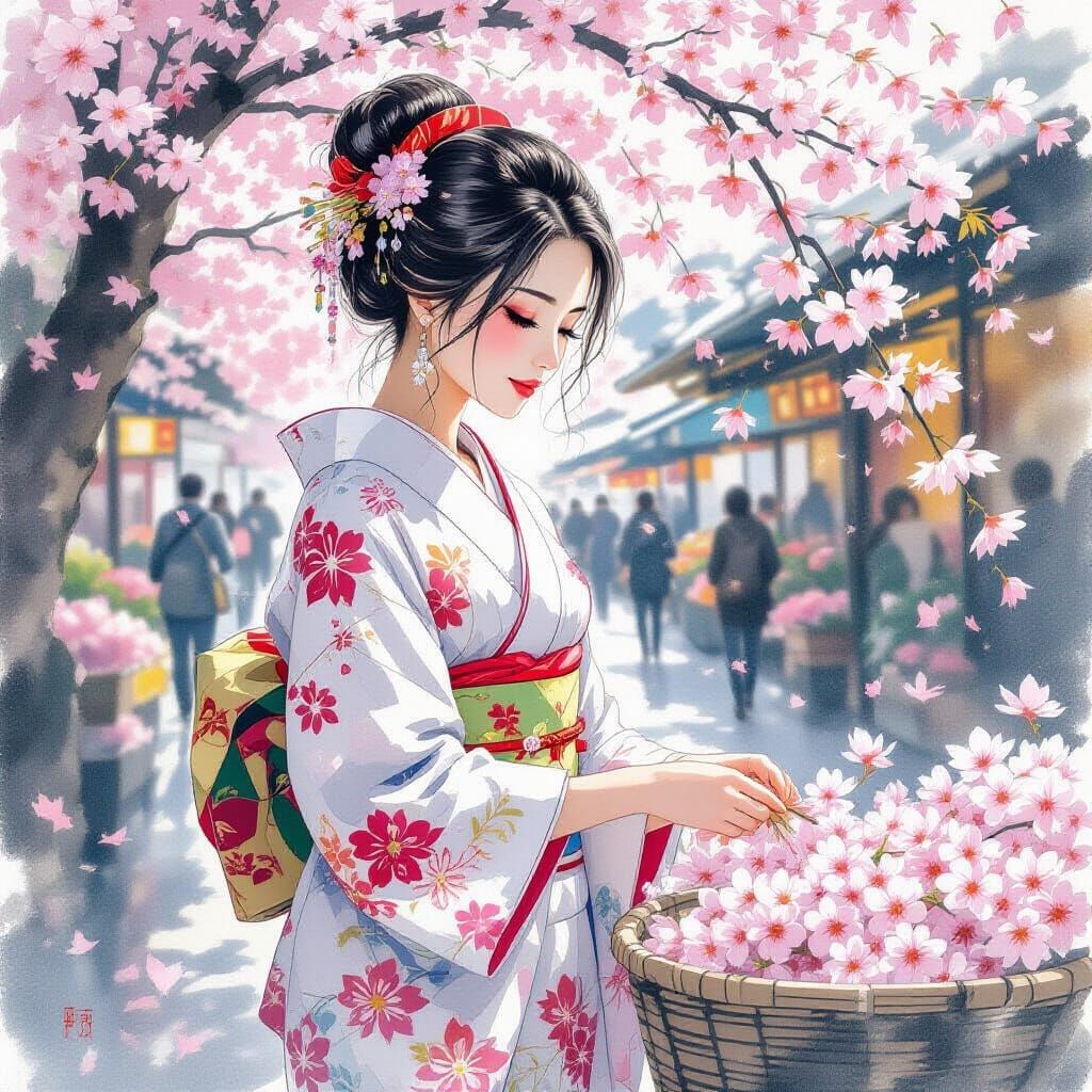 Woman in Kimono at Flower Market, Oil & Graphite