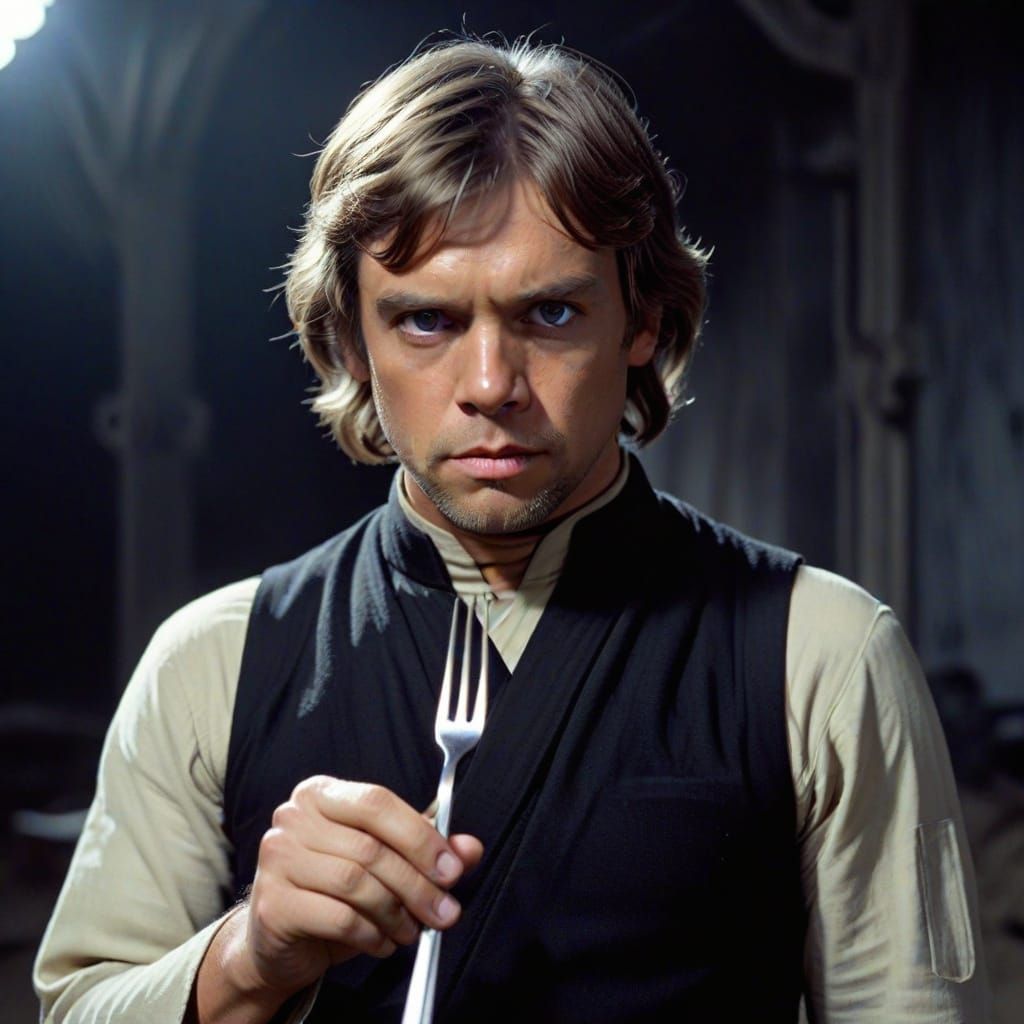 Luke Skywalker Holds a Fork in a Galactic Landscape