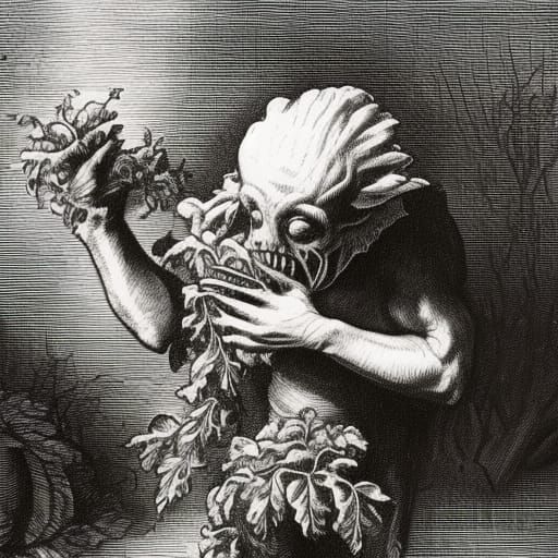 Cannibal eating a green lettuce.