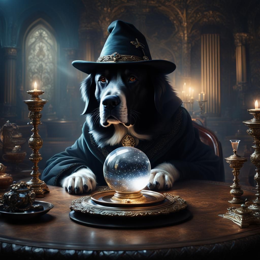 Dramatic Dog Wizard with Crystal Ball