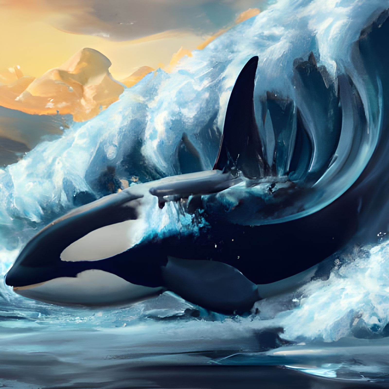 Orca Whale Rides a Tidal Wave: Photorealistic Art