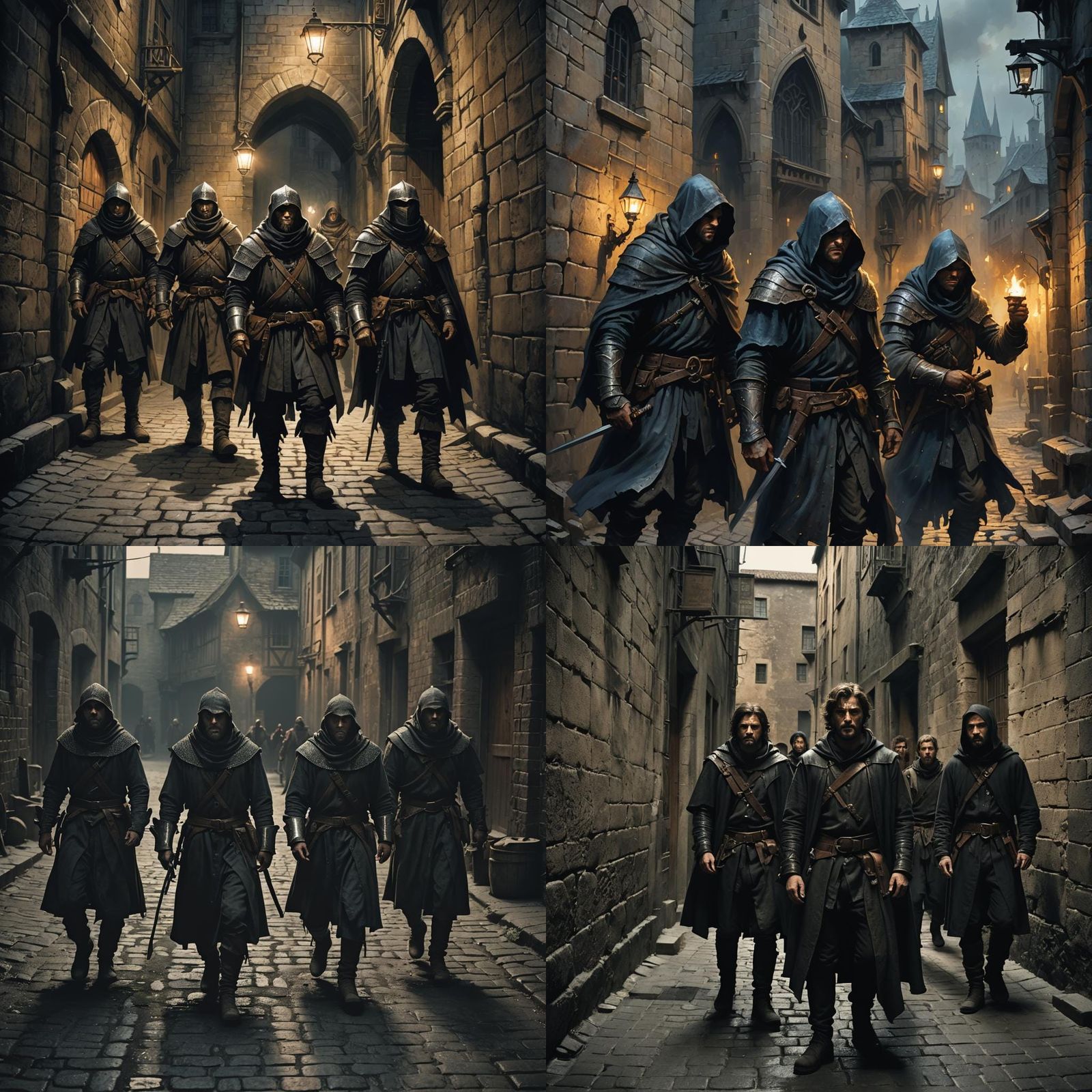 Medieval Bandits in Dark Cityscape