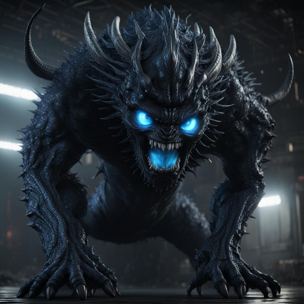 Ominous Vantablack Monster with Glowing Eyes in CGI
