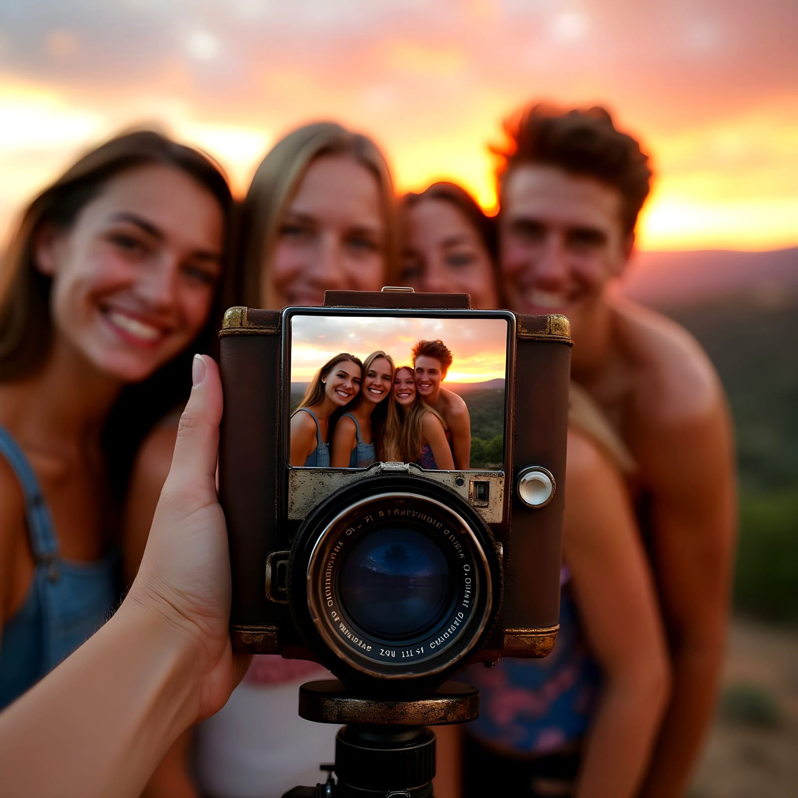 Four young people trying to take a selfie with an old camera...