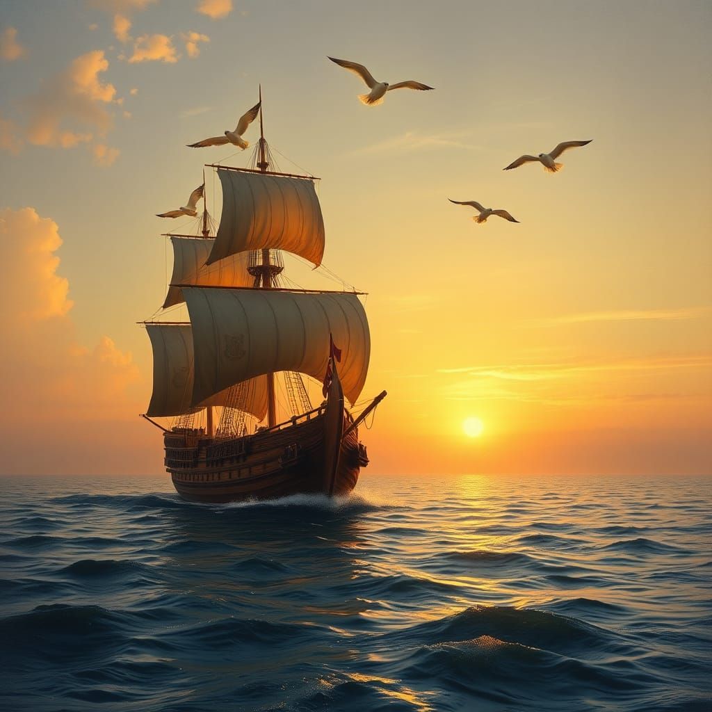 Galleon Ship at Sunset: Romantic Seascape