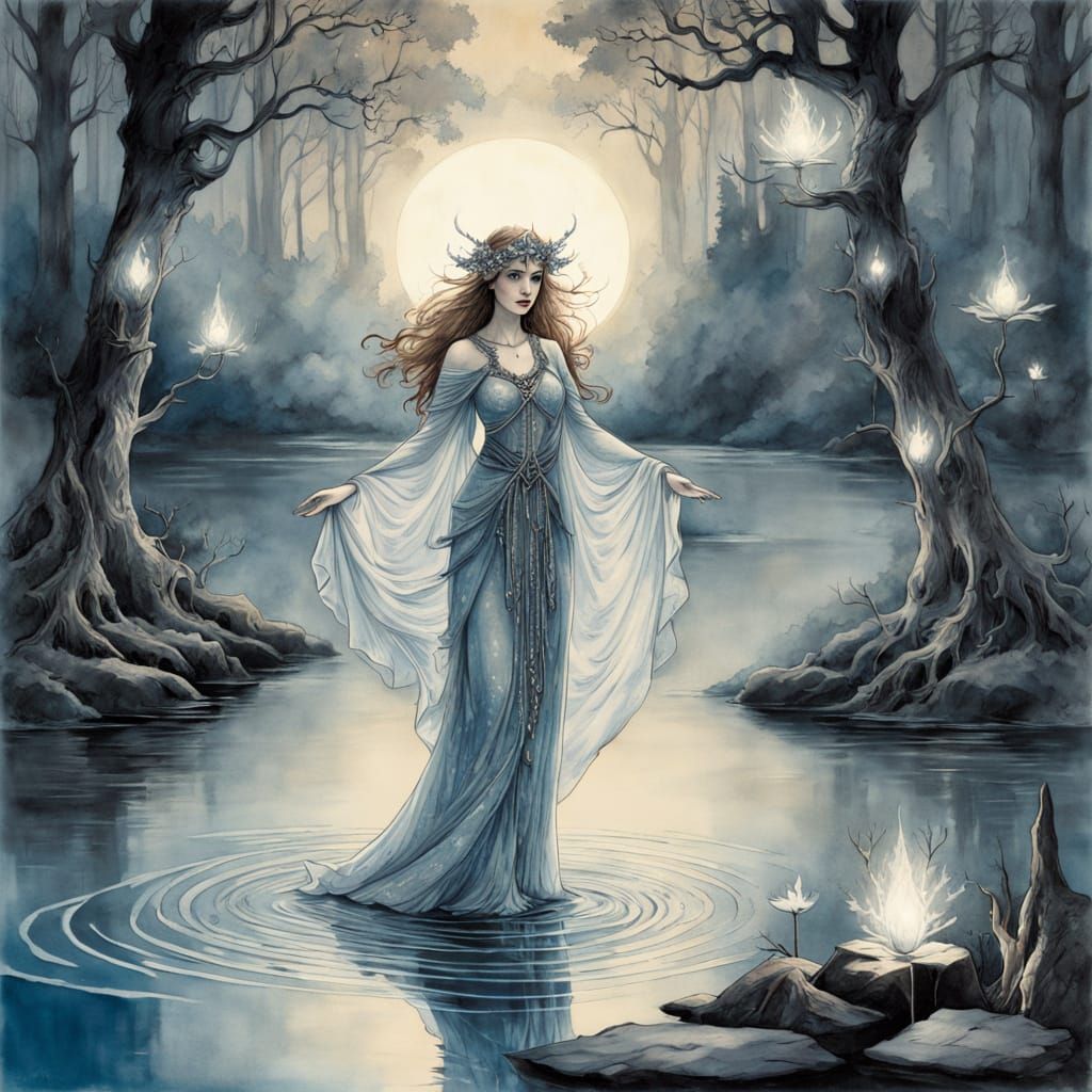 Ethereal Lady of the Lake Emerges from Mystical Waters