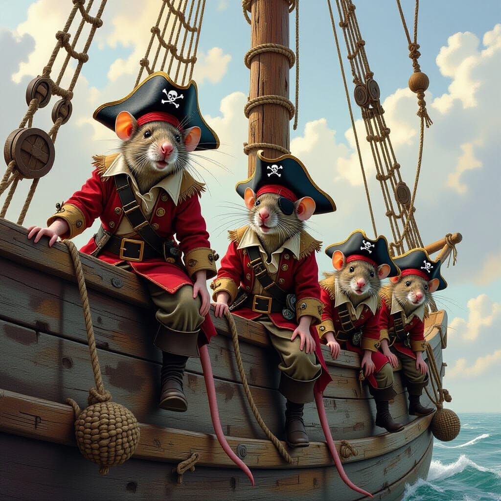 Pirate Rats Ascend an Old Schooner